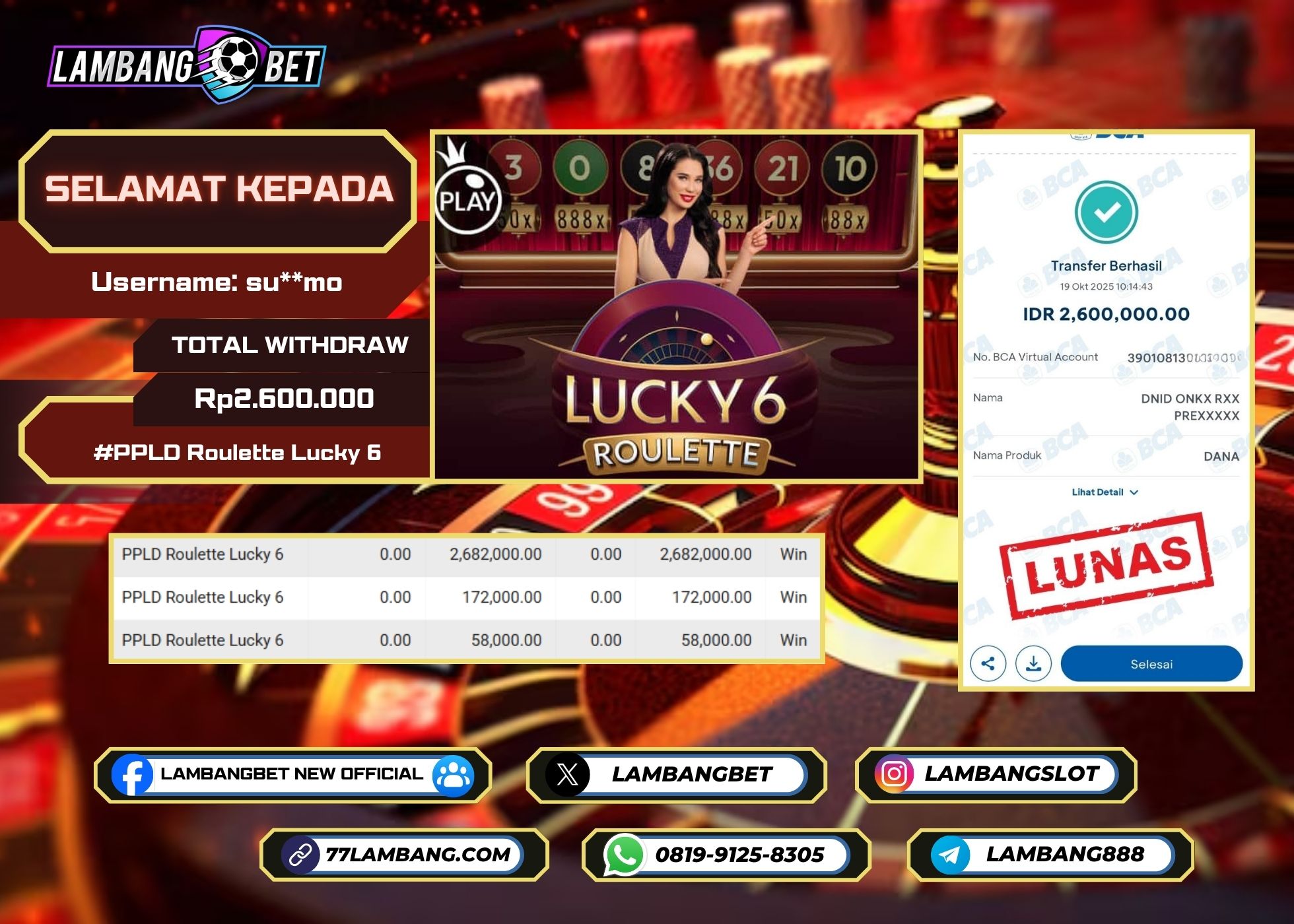 LAMBANGBET [19 OKTOBER 2025] JACKPOT LIVE CASINO PPLD Roulette Lucky 6 "Rp2.600.000" LUNAS